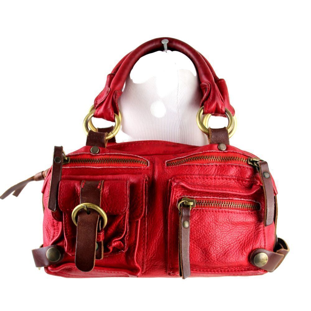 Cecile Jeanne PARIS RED GENUINE LEATHER LOGO SMALL SHOULDER BAG HANDBAG PURSE